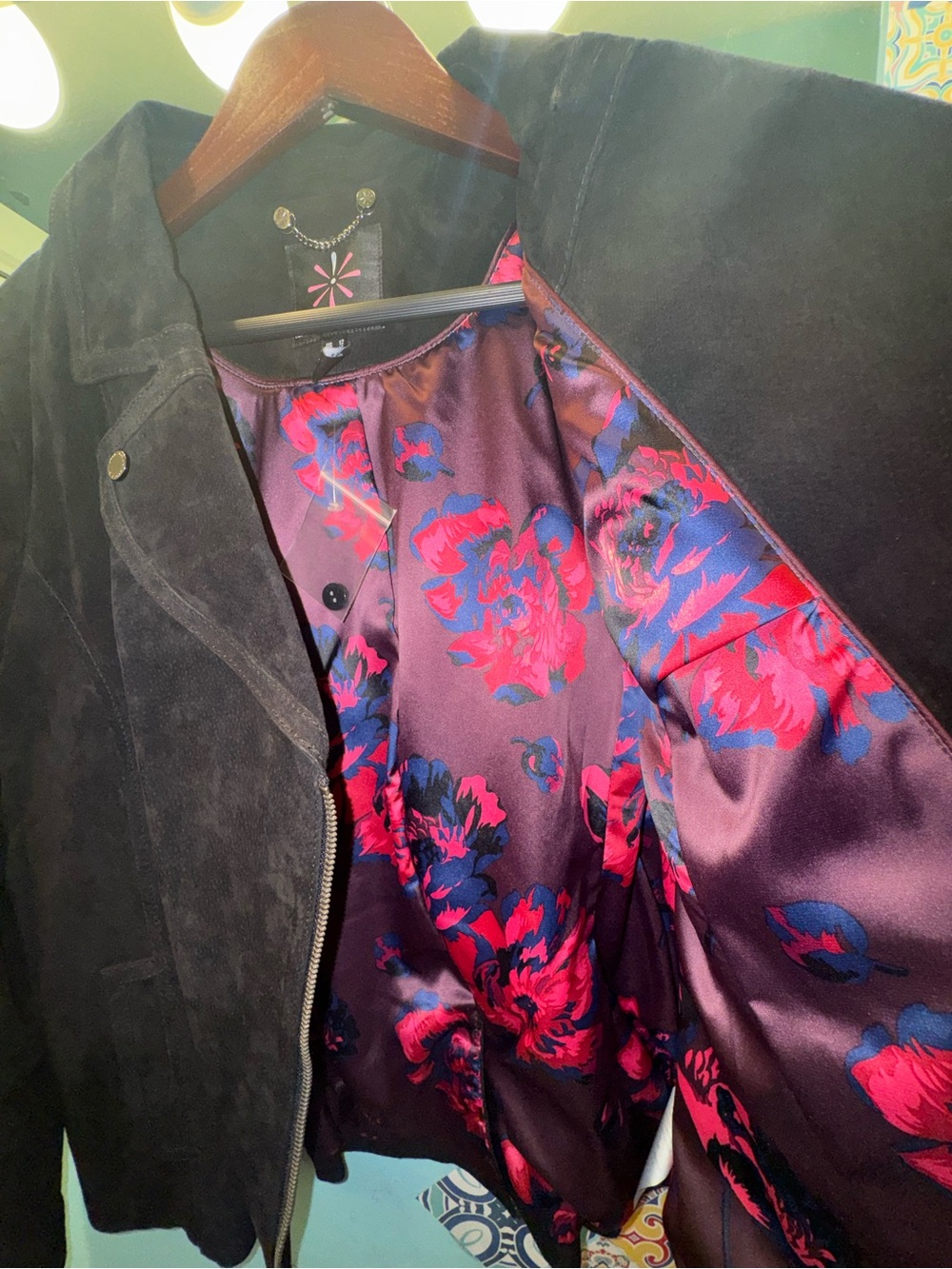 Isaac Mizrahi Live Black Suede Leather Moto Jacket Floral Lining Sz 12